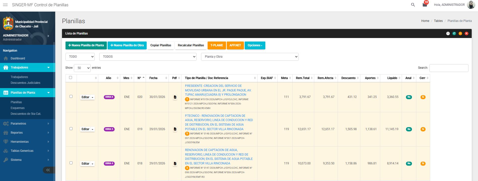 Planillas - SINGER PLL