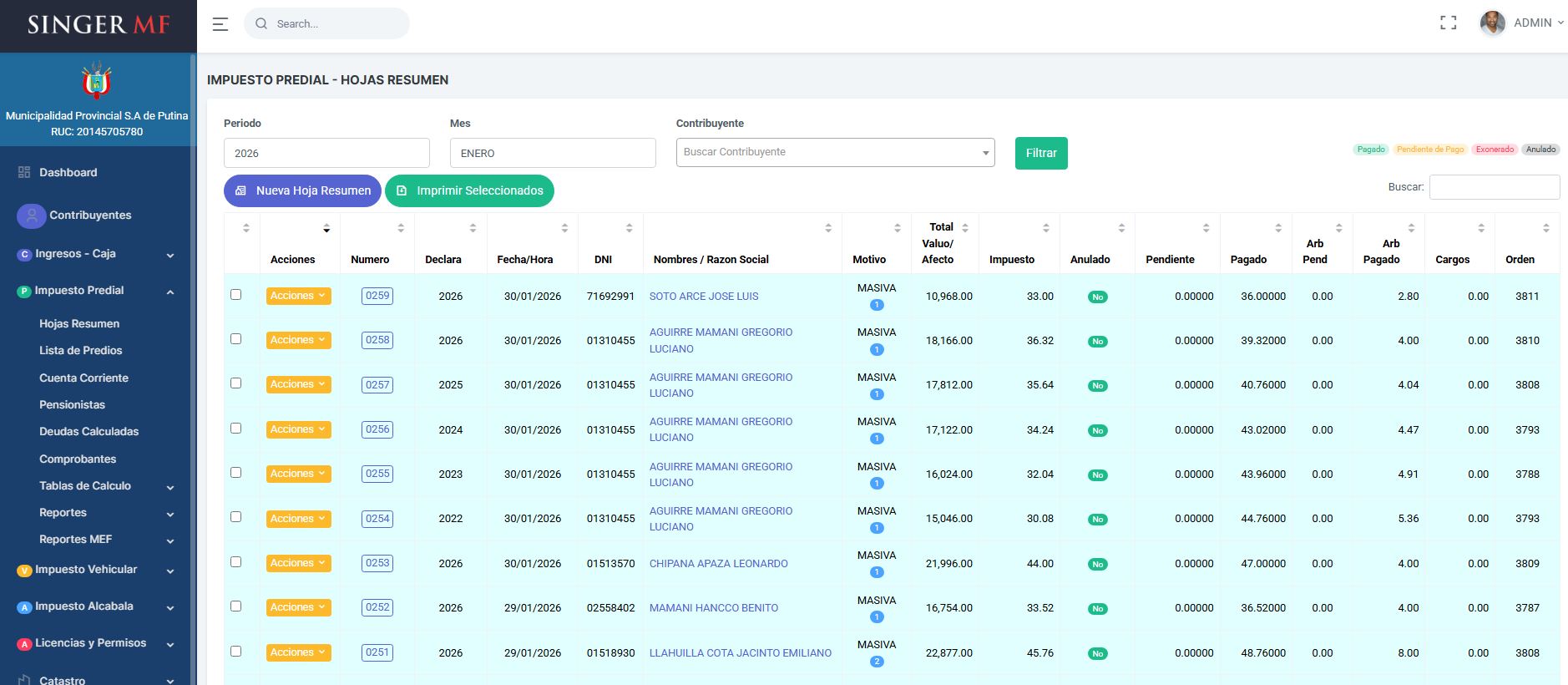 Hoja Resumen Predial - SINGER SIAT